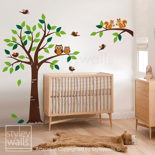 Wandtattoo Waldtiere Baum Wandtattoo Wald, Eichhörnchen Eule und Vögel Tiere Wandtattoo Kinderzimmer Wandtattoo Babyzimmer Kinder