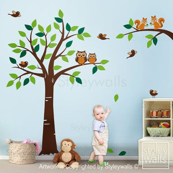 Wandtattoo Waldtiere Baum Wandtattoo Wald, Eichhörnchen Eule und Vögel Tiere Wandtattoo Kinderzimmer Wandtattoo Babyzimmer Kinder