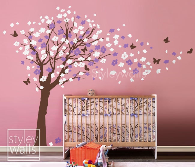 Flower Tree Wall Decal Tree and Butterflies in the Wind Wall Decal- Extra Large Size Cherry Blossom Decal Nursery Kids Children Wall Decal