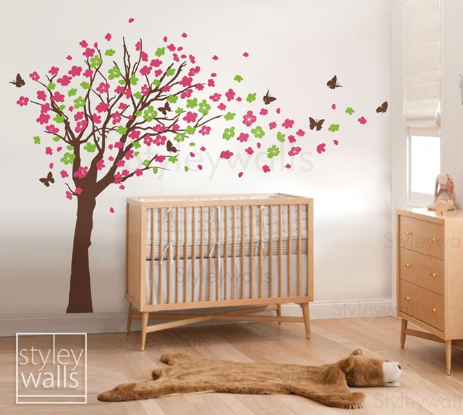 Flower Tree Wall Decal Tree and Butterflies in the Wind Wall Decal- Extra Large Size Cherry Blossom Decal Nursery Kids Children Wall Decal