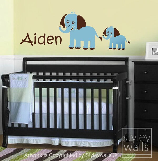 Autocollant mural éléphants, autocollant mural pour chambre d'enfant, mère et bébé éléphant, autocollant mural en vinyle personnalisé pour décoration de chambre d'enfant