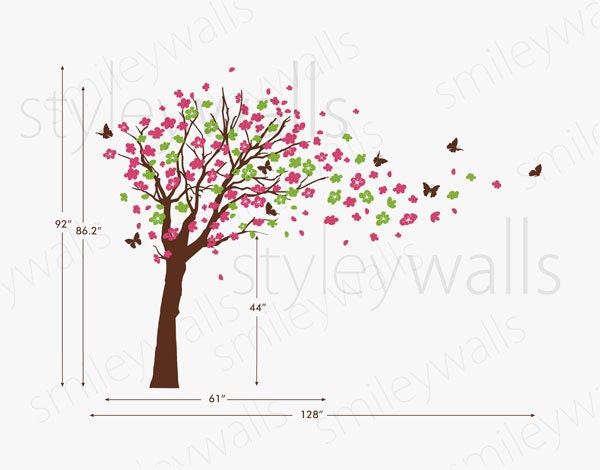 Flower Tree Wall Decal Tree and Butterflies in the Wind Wall Decal- Extra Large Size Cherry Blossom Decal Nursery Kids Children Wall Decal