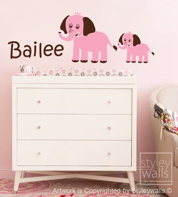 Autocollant mural éléphants, autocollant mural pour chambre d'enfant, mère et bébé éléphant, autocollant mural en vinyle personnalisé pour décoration de chambre d'enfant