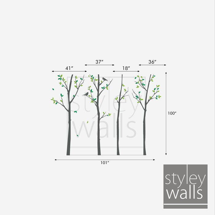 Tree Wall decal, Forest Trees Wall Decal with Birds, Winter Trees Decal Nursery Home Decor, Birch Trees Wall Decal Baby Kids Room Decor