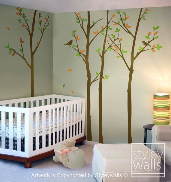 Tree Wall decal, Forest Trees Wall Decal with Birds, Winter Trees Decal Nursery Home Decor, Birch Trees Wall Decal Baby Kids Room Decor