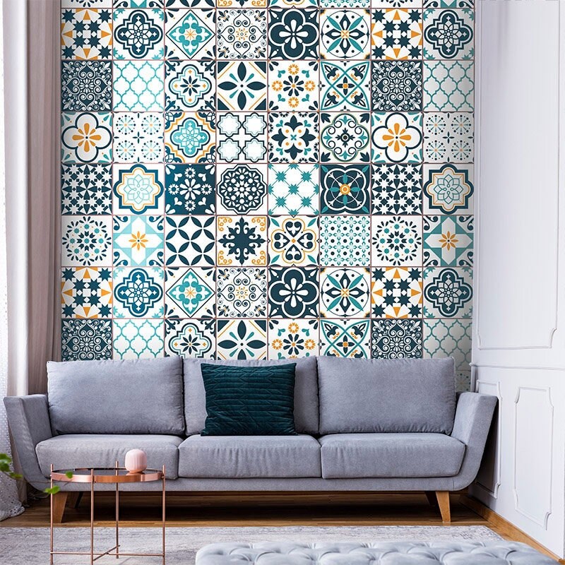 Lisbon Tiles Wallpaper, Portugal Azulejo Tiles Wallpaper, Geometric Azulejo Pattern Wallpaper, Moroccan Tiles, Repositionable Fabric
