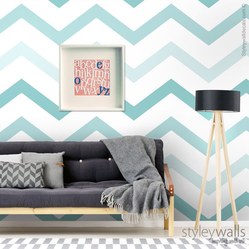 Teal Zig Zag Chevron Wallpaper, Modern Lines Chevron Pattern Wallpaper, Blue Mint Fabric Wallpaper, Peel and Stick, Self Adhesive
