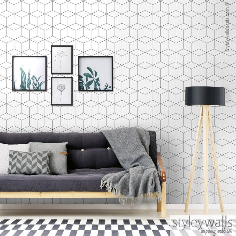 Cubes Wallpaper, Hexagon Wallpaper, Geometric Wallpaper, Abstract Modern Cubes Wallpaper, Fabric Peel and Stick, Self Adhesive