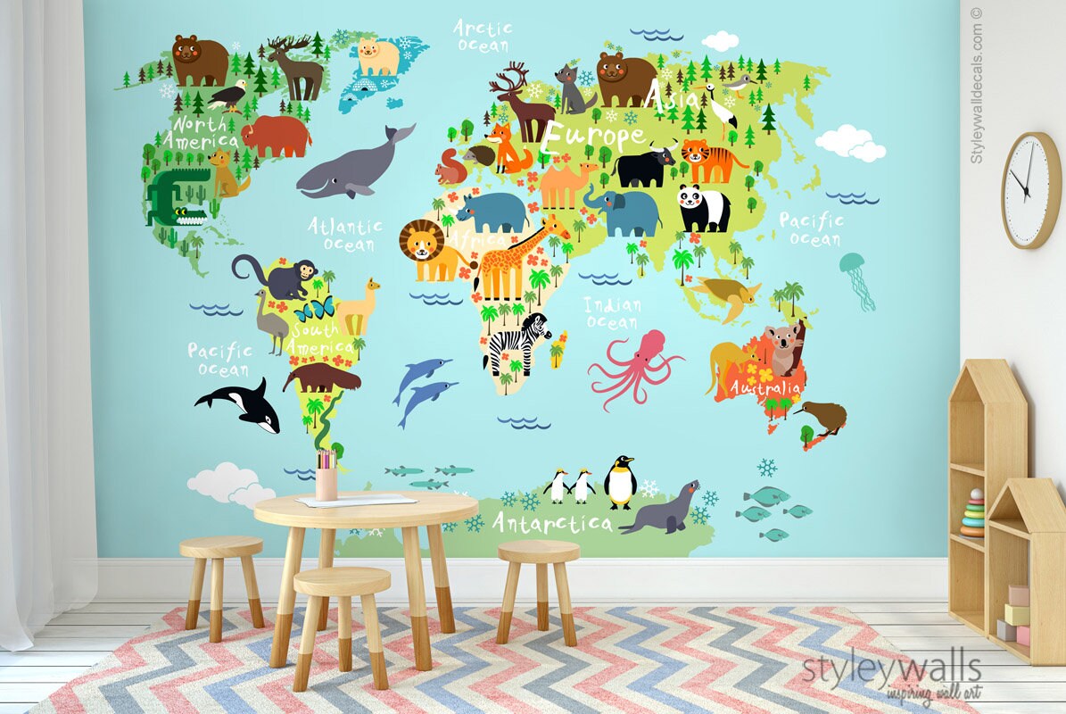 World Map Wall Mural, Kids Map Wallpaper, Word Map with Animals Wallpaper, Map With Animals for Kids Nursery Decor, Peel and Stick Fabric