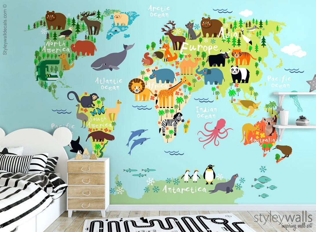 World Map Wall Mural, Kids Map Wallpaper, Word Map with Animals Wallpaper, Map With Animals for Kids Nursery Decor, Peel and Stick Fabric