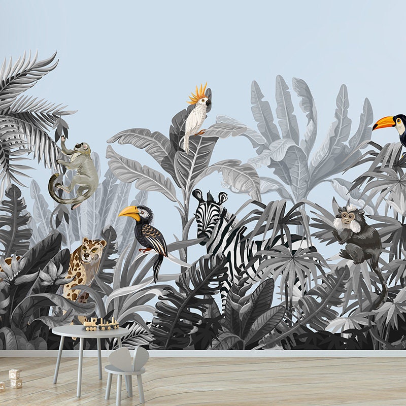 Rainforest Mural, Jungle Mural, Kids Room Wallpaper Blue Background, Tropical Jungle Safari Animals Wallpaper Mural, Fabric Peel and Stick