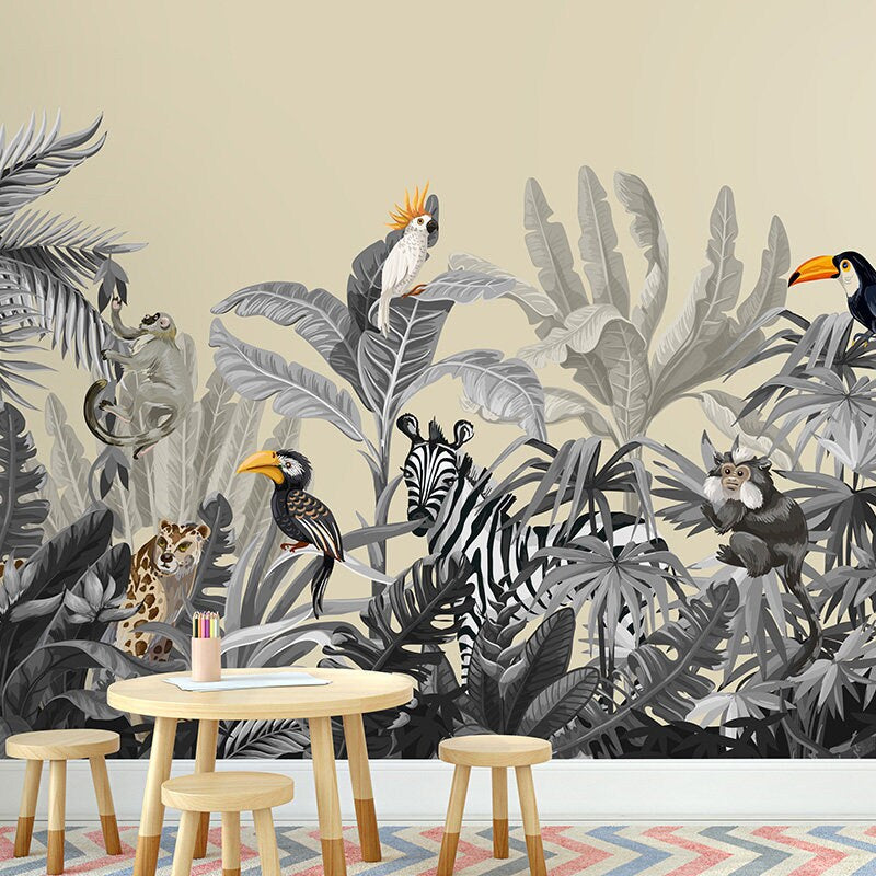 Tropical Jungle Mural, Jungle Animals Wallpaper Tan Background, Rainforest Animals Mural, Safari Animals Kids Room Peel and Stick Mural
