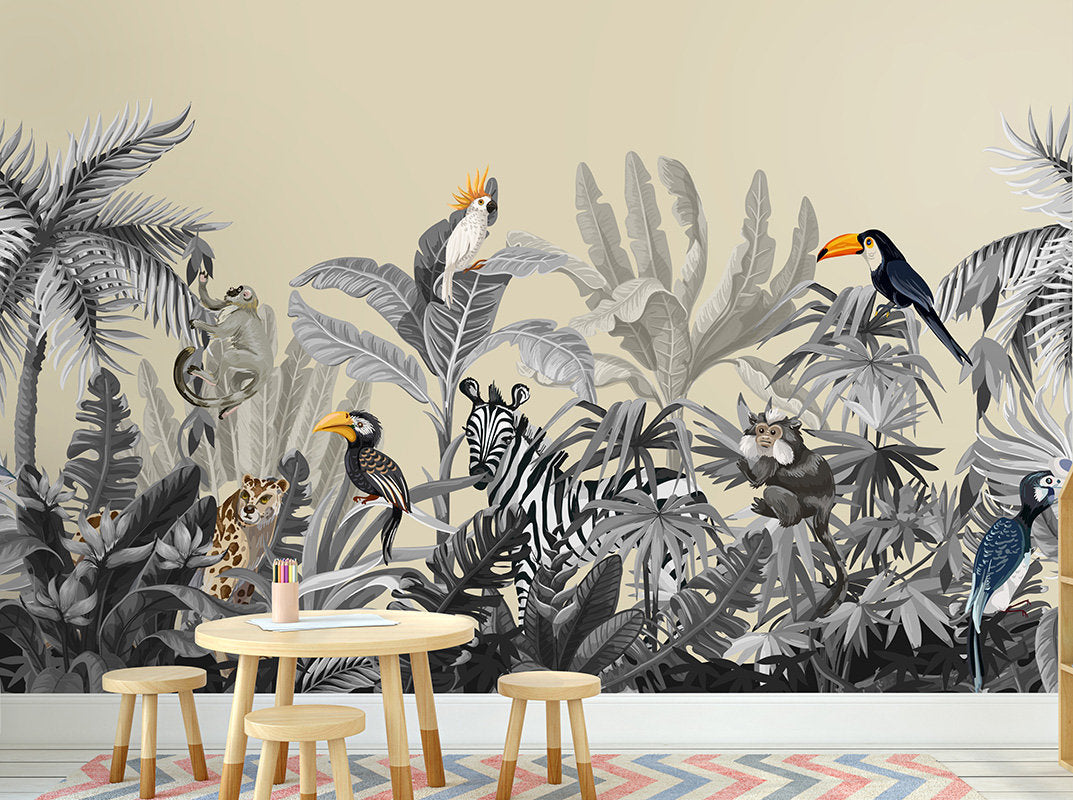 Tropical Jungle Mural, Jungle Animals Wallpaper Tan Background, Rainforest Animals Mural, Safari Animals Kids Room Peel and Stick Mural