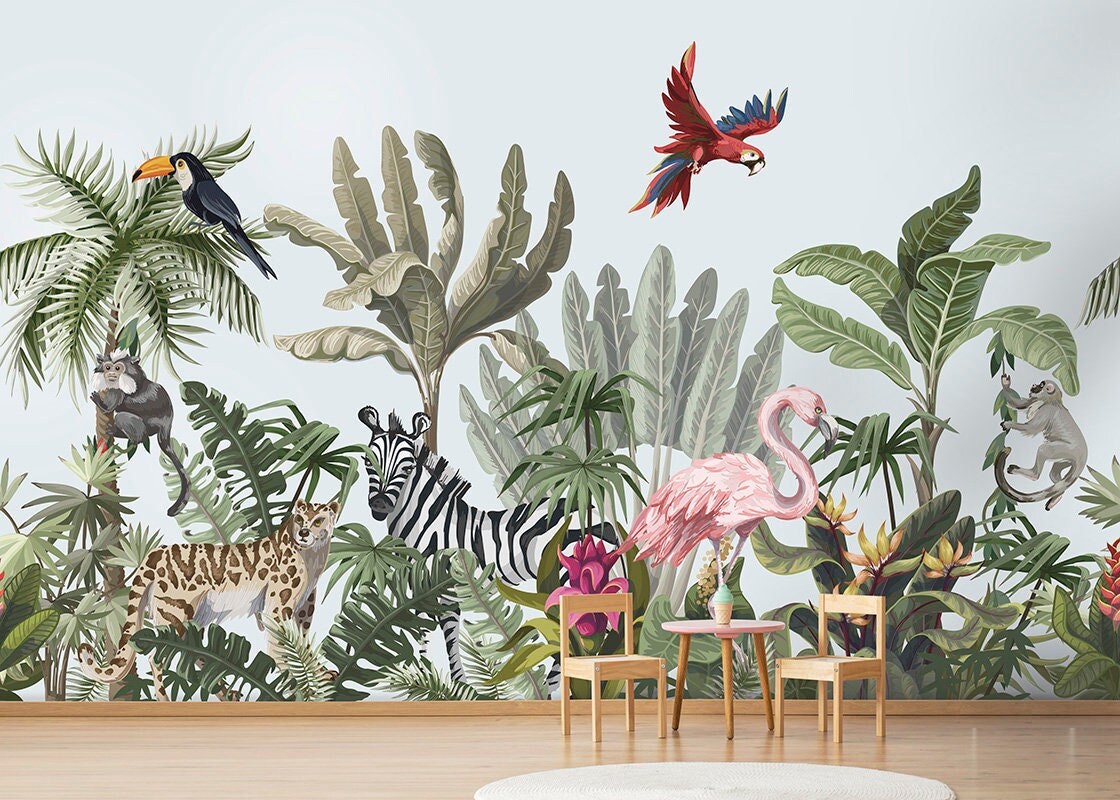 Rainforest Mural, Tropical Jungle Animals Mural, Safari Animals Jungle Wallpaper, Exotic Animals Kids Room Wallpaper, Peel and Stick Fabric