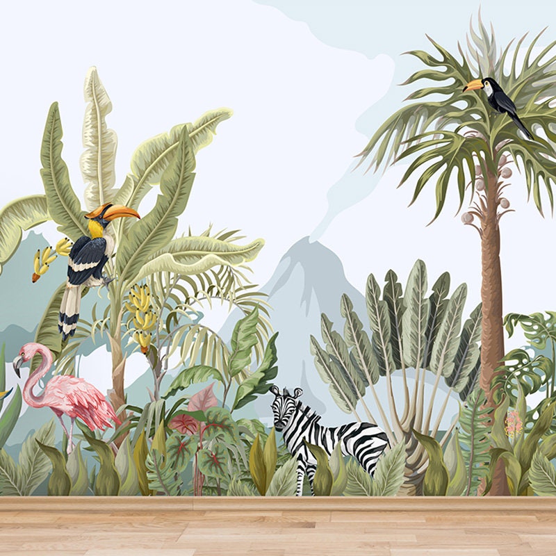 Tropical Animals Wallpaper, Rainforest Animals Mural for Kids Room, Jungle Safari Animals Mural Wallpaper, Peel and Stick Fabric Mural