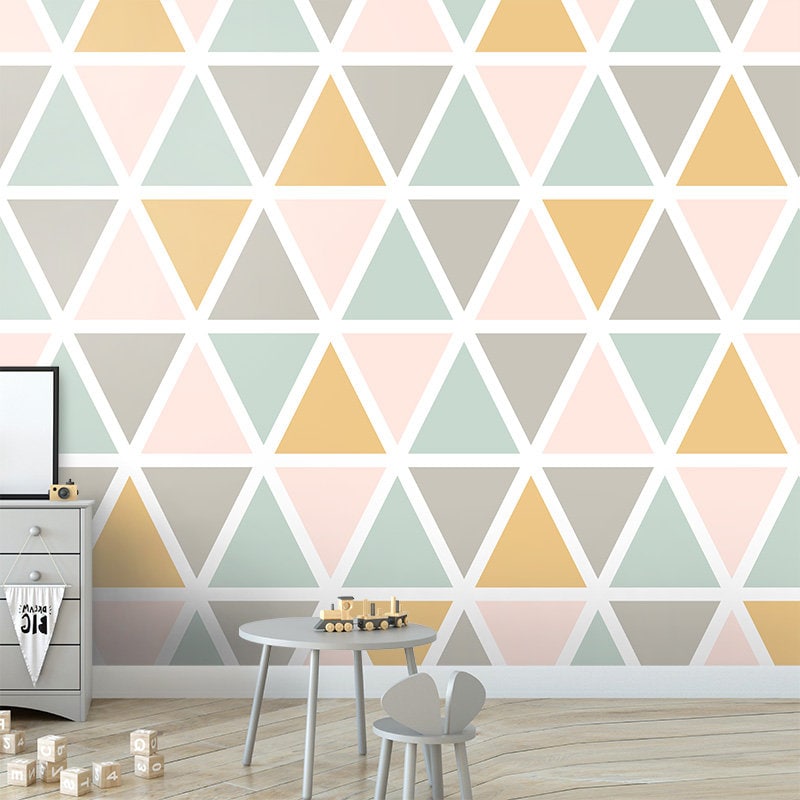 Papier peint à triangles rose, bleu sarcelle, gris, orange, papier peint à motifs triangulaires, papier peint géométrique moderne, tissu autocollant à peler et à coller