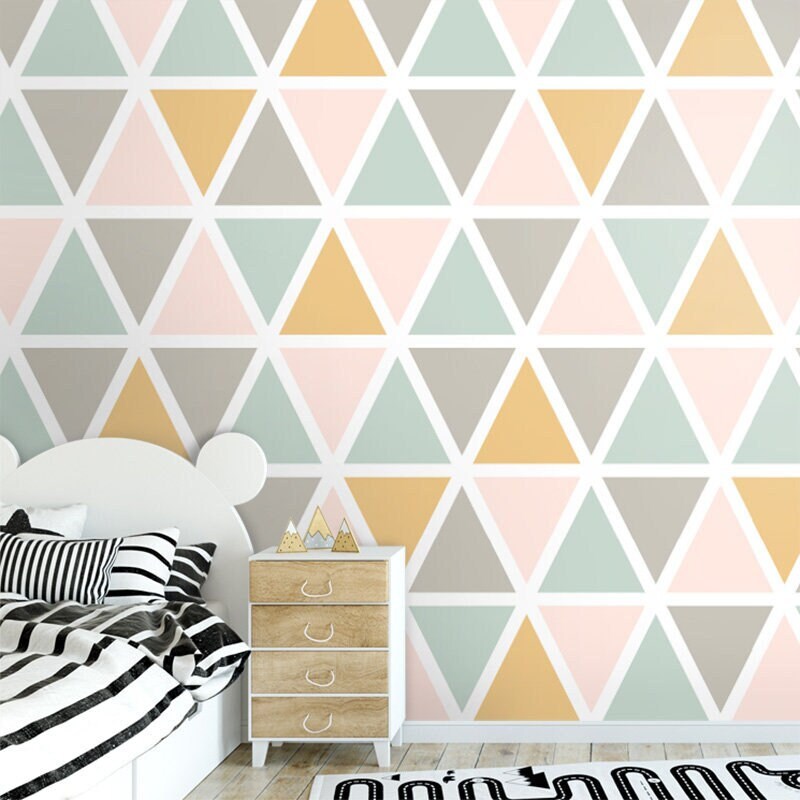 Papier peint à triangles rose, bleu sarcelle, gris, orange, papier peint à motifs triangulaires, papier peint géométrique moderne, tissu autocollant à peler et à coller