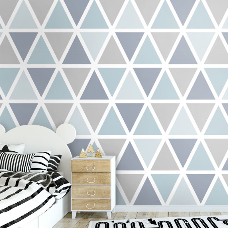 Papier peint à triangles bleu-gris, papier peint à motifs triangulaires, tissu autocollant à décoller et à coller, papier peint géométrique moderne pour chambre d'enfant