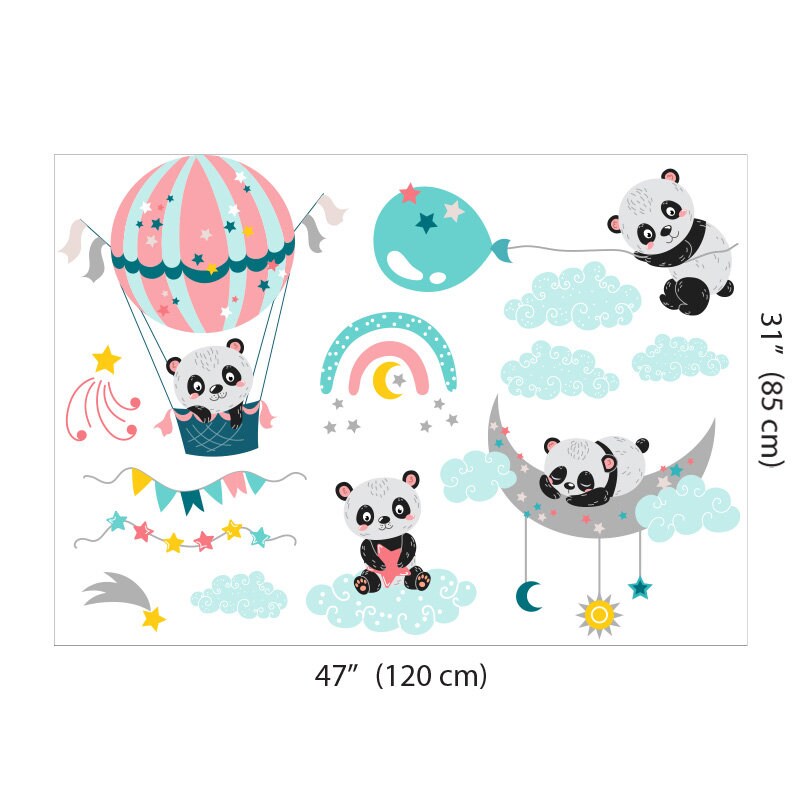 Cute Pandas Air Balloons and Balloons Wall Decal, Pink Mint Air balloon wall Sticker, Rainbow wall decal for Kids Nursery Baby Room Decor