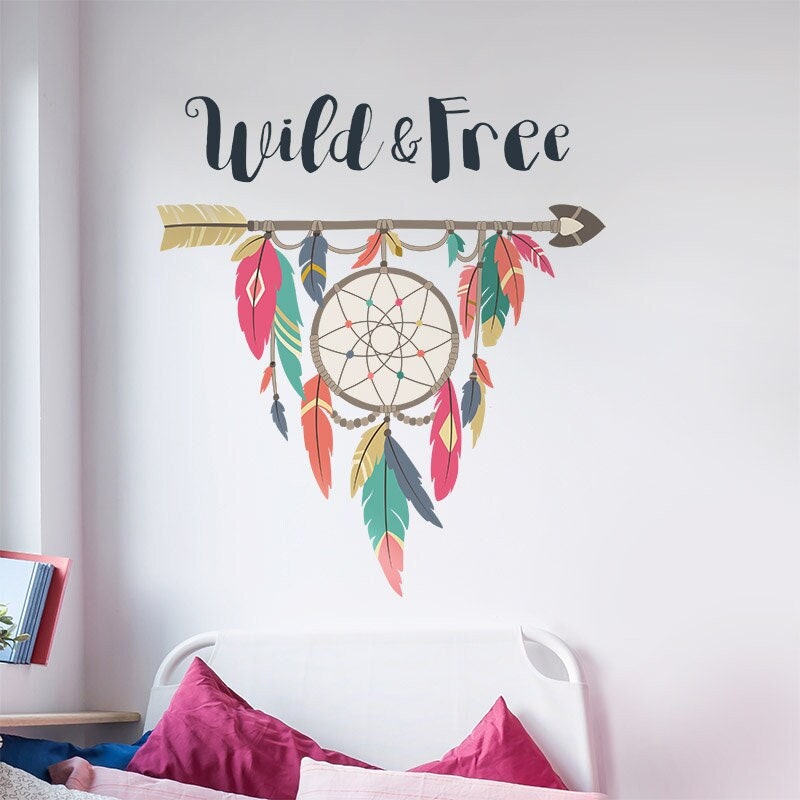 Autocollant mural attrape-rêves, autocollant mural attrape-rêves de style bohème, décoration murale sauvage et libre, décoration attrape-rêves, décoration murale pour chambre d'adolescent