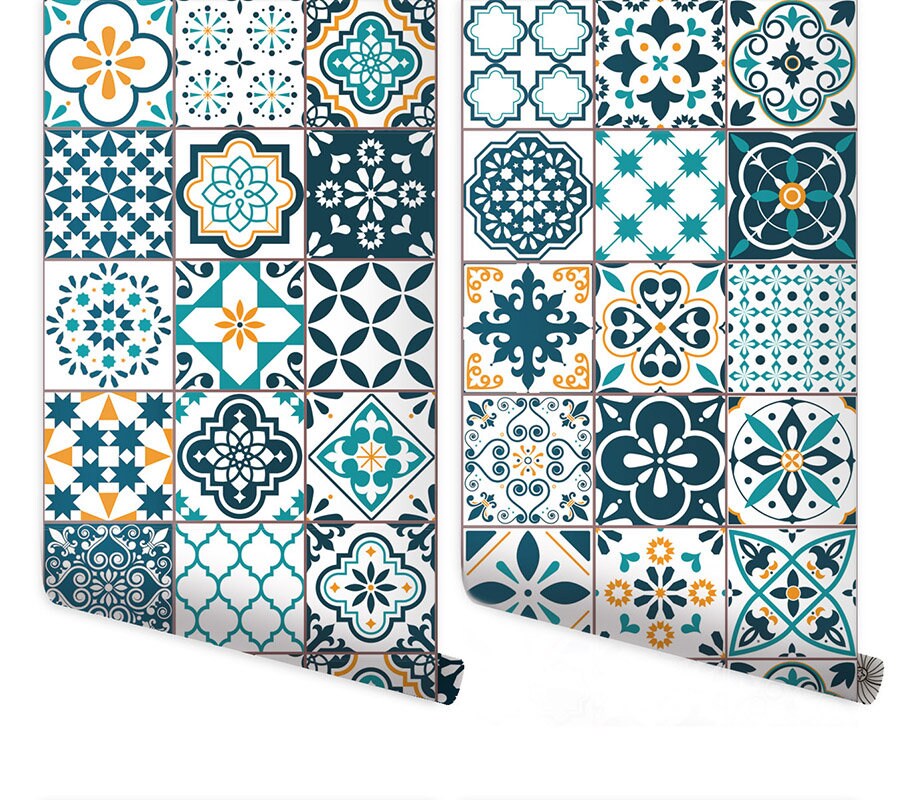 Lisbon Tiles Wallpaper, Portugal Azulejo Tiles Wallpaper, Geometric Azulejo Pattern Wallpaper, Moroccan Tiles, Repositionable Fabric