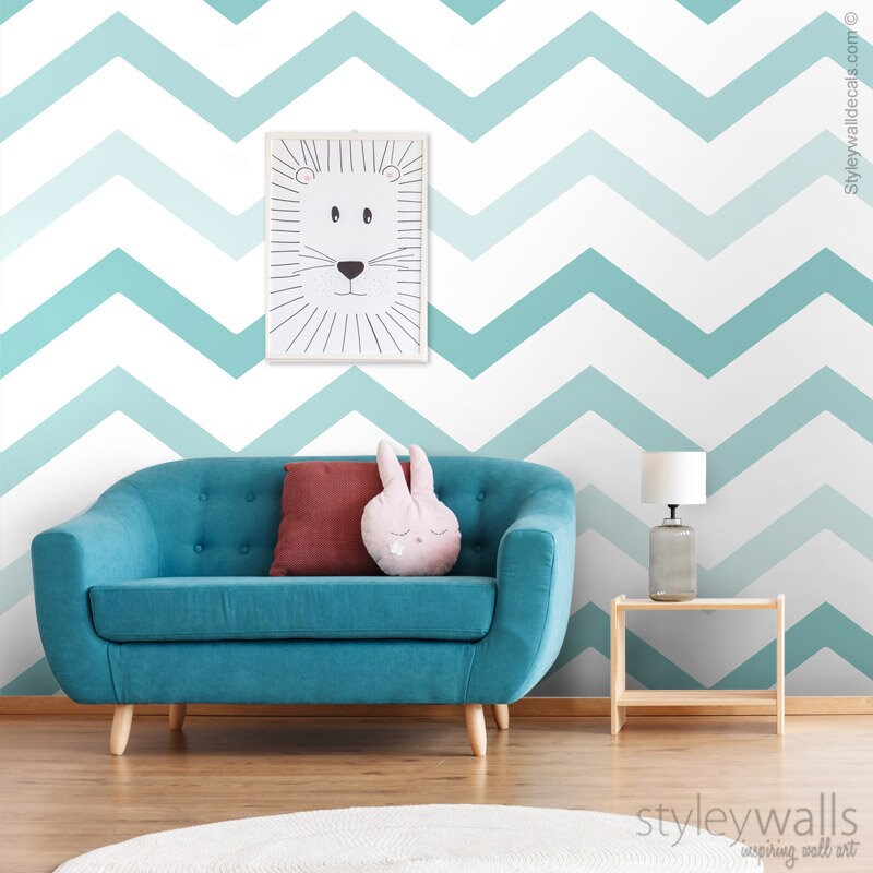 Teal Zig Zag Chevron Wallpaper, Modern Lines Chevron Pattern Wallpaper, Blue Mint Fabric Wallpaper, Peel and Stick, Self Adhesive