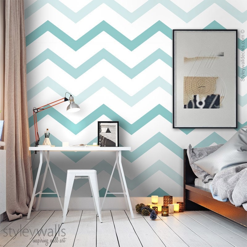 Teal Zig Zag Chevron Wallpaper, Modern Lines Chevron Pattern Wallpaper, Blue Mint Fabric Wallpaper, Peel and Stick, Self Adhesive
