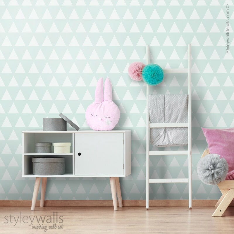 Teal Triangles Wallpaper, Mint Geometric Triangles Pattern Wallpaper, Modern Fabric Wallpaper, Self Adhesive Peel and Stick Wallpaper