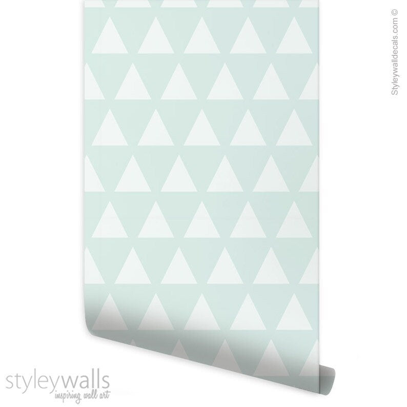 Teal Triangles Wallpaper, Mint Geometric Triangles Pattern Wallpaper, Modern Fabric Wallpaper, Self Adhesive Peel and Stick Wallpaper