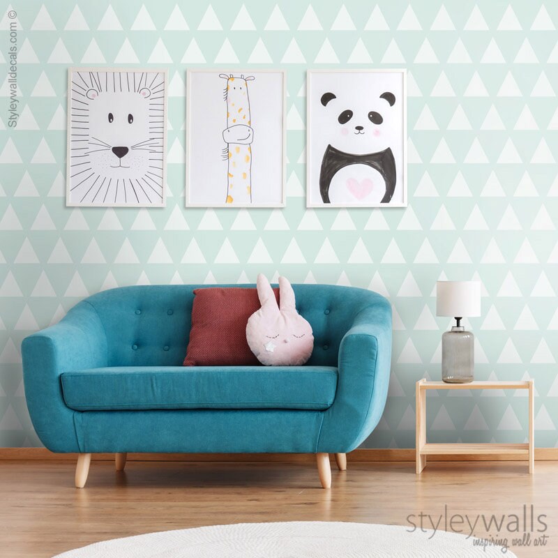 Teal Triangles Wallpaper, Mint Geometric Triangles Pattern Wallpaper, Modern Fabric Wallpaper, Self Adhesive Peel and Stick Wallpaper