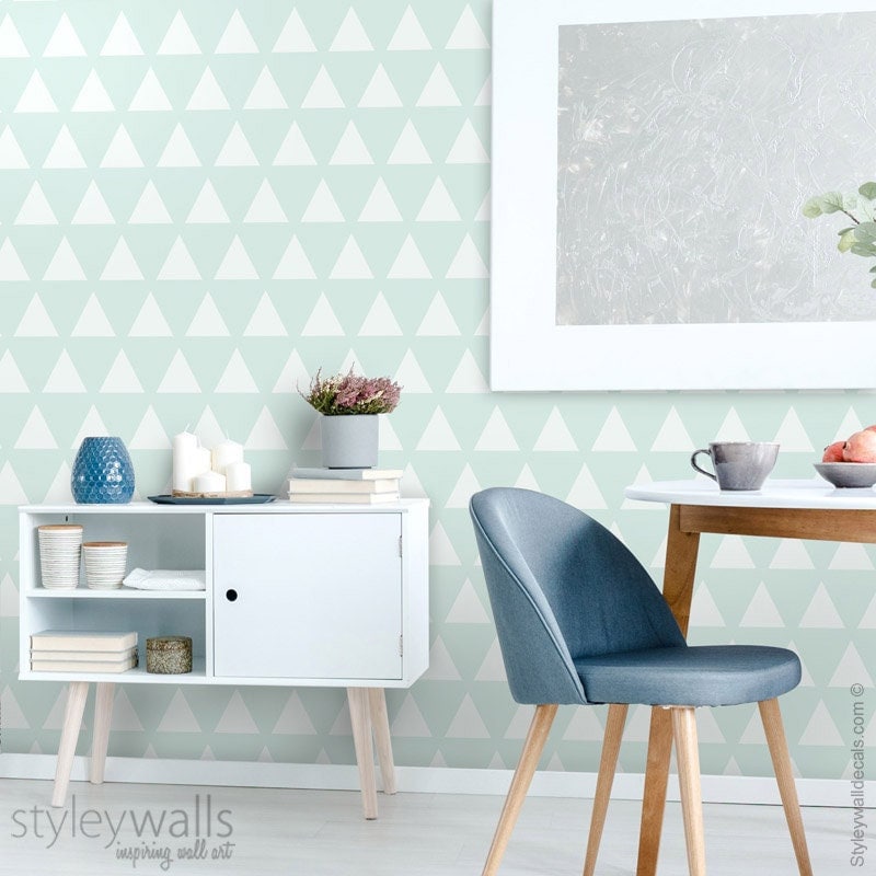Teal Triangles Wallpaper, Mint Geometric Triangles Pattern Wallpaper, Modern Fabric Wallpaper, Self Adhesive Peel and Stick Wallpaper