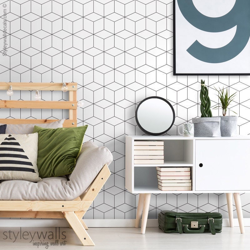 Cubes Wallpaper, Hexagon Wallpaper, Geometric Wallpaper, Abstract Modern Cubes Wallpaper, Fabric Peel and Stick, Self Adhesive