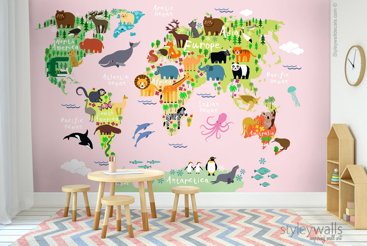 World Map Wall Mural, Kids Map Wallpaper Pink Background, Word Map with Animals Wallpaper, Kids Nursery Decor Mural, Fabric Peel and Stick