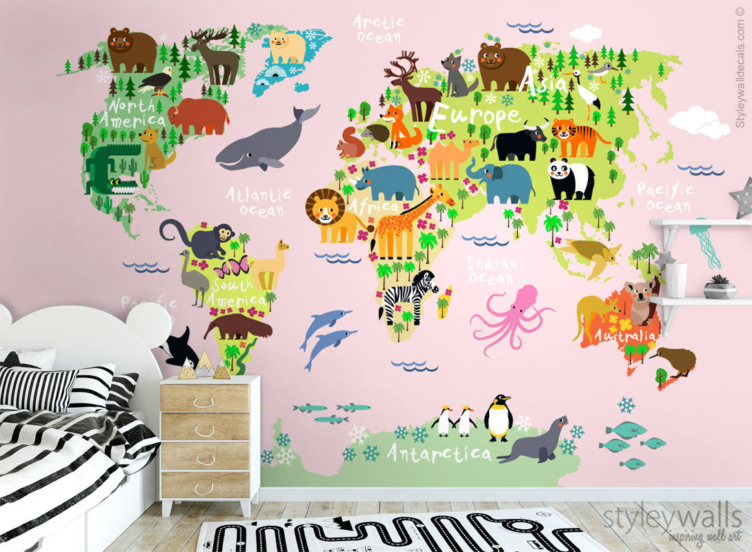 World Map Wall Mural, Kids Map Wallpaper Pink Background, Word Map with Animals Wallpaper, Kids Nursery Decor Mural, Fabric Peel and Stick