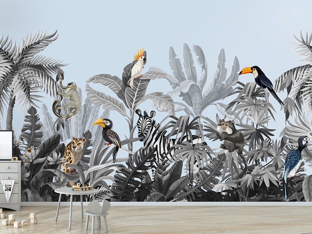 Rainforest Mural, Jungle Mural, Kids Room Wallpaper Blue Background, Tropical Jungle Safari Animals Wallpaper Mural, Fabric Peel and Stick