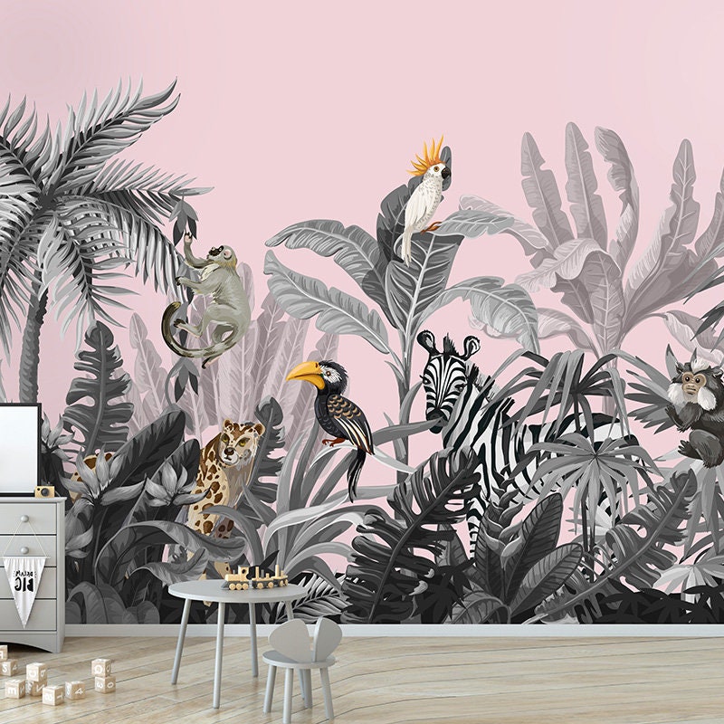 Jungle Animals Mural, Rainforest Tropical Jungle Mural Pink Background, Exotic Animals Kids Room Wallpaper Mural, Peel and Stick Fabric