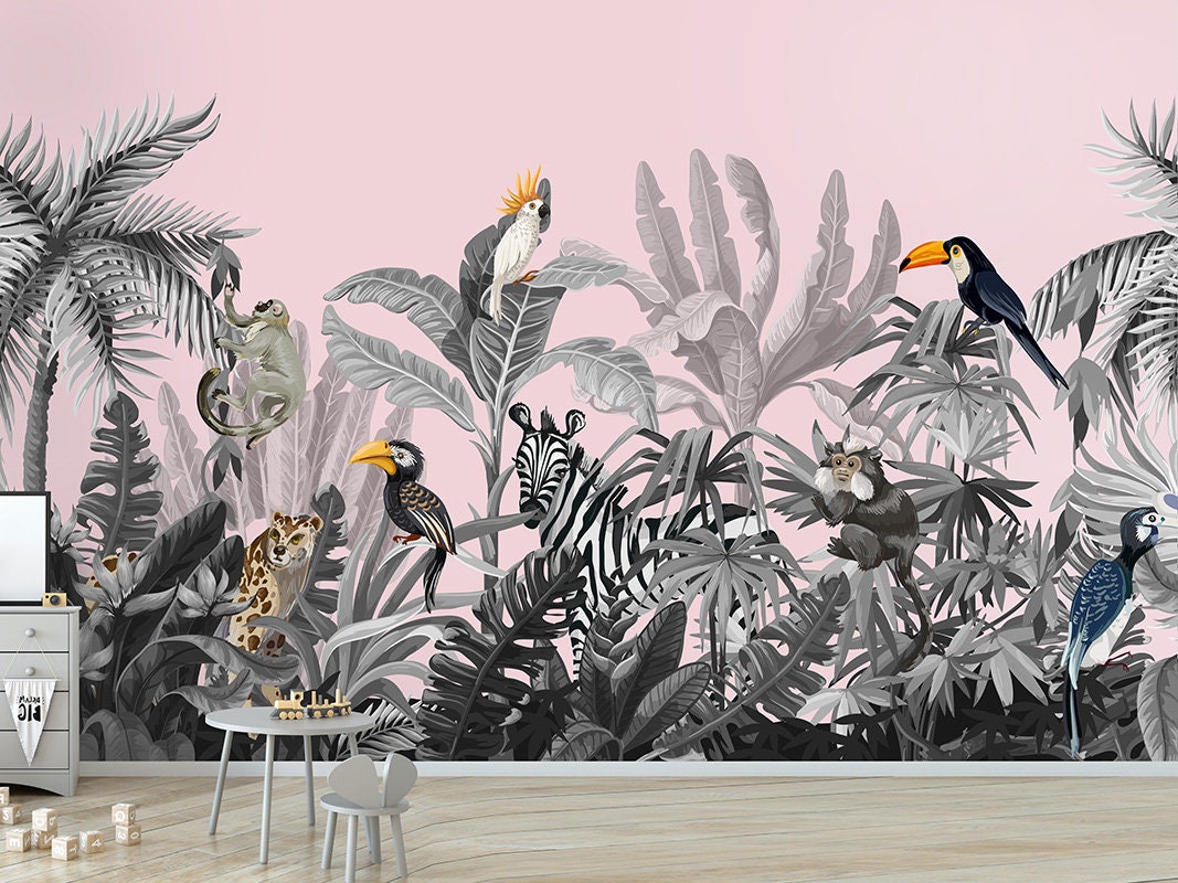 Jungle Animals Mural, Rainforest Tropical Jungle Mural Pink Background, Exotic Animals Kids Room Wallpaper Mural, Peel and Stick Fabric