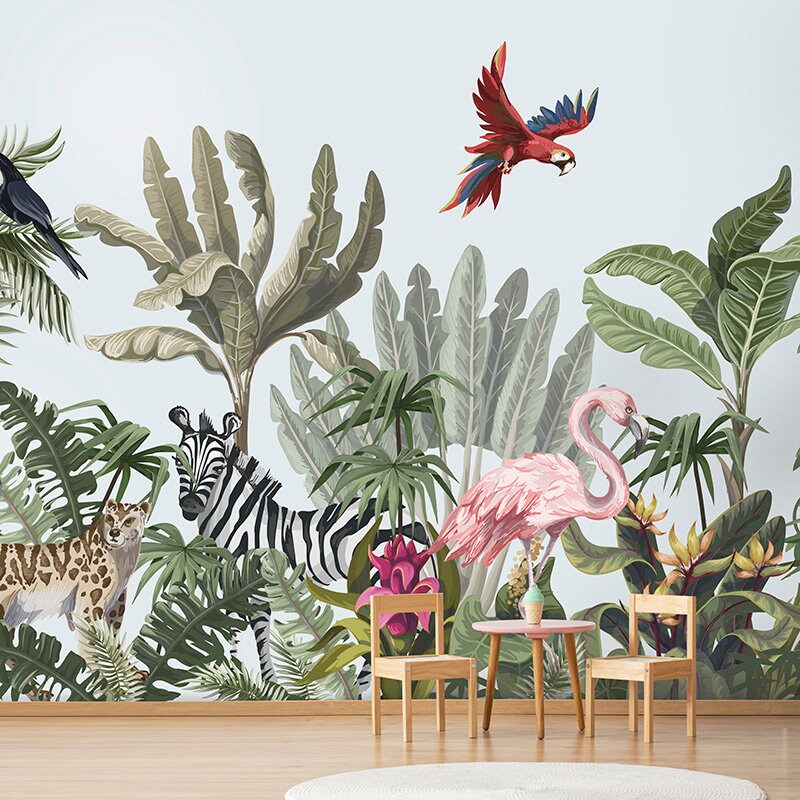 Rainforest Mural, Tropical Jungle Animals Mural, Safari Animals Jungle Wallpaper, Exotic Animals Kids Room Wallpaper, Peel and Stick Fabric