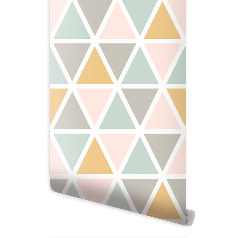Papier peint à triangles rose, bleu sarcelle, gris, orange, papier peint à motifs triangulaires, papier peint géométrique moderne, tissu autocollant à peler et à coller
