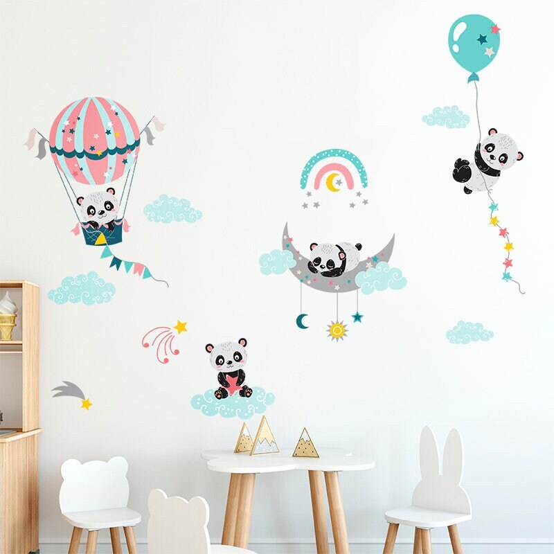 Cute Pandas Air Balloons and Balloons Wall Decal, Pink Mint Air balloon wall Sticker, Rainbow wall decal for Kids Nursery Baby Room Decor