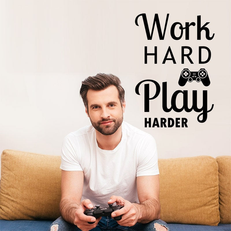 Work Hard Play Harder Quote Wall Decal, Gaming Vinyl Lettering ,Gaming Wall Decal for Gamers, Joystick Video Game Wall Decal