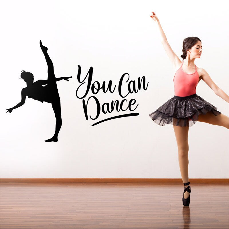 Sticker mural danseur, sticker mural ballerine, lettrage en vinyle You Can Dance, sticker mural pour chambre d'adolescent, sticker mural de danse pour décoration de chambre de fille