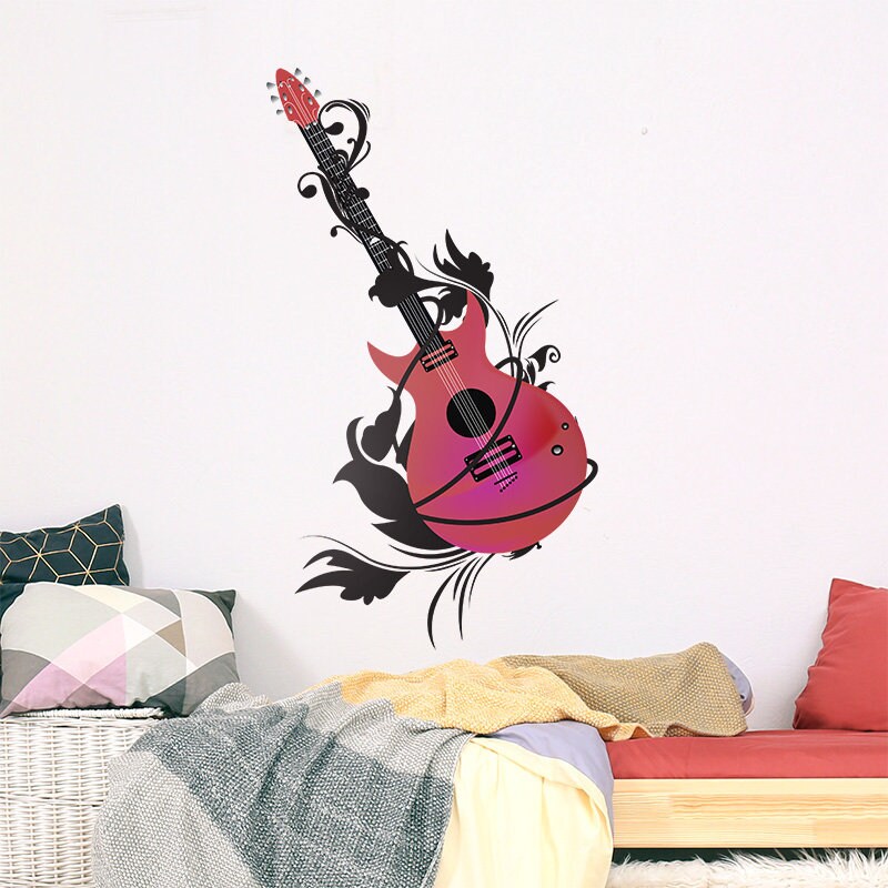 Autocollant mural pour guitare électrique, autocollant mural pour guitare rouge, autocollant mural pour chambre d'adolescent, autocollant mural pour groupe de rock, autocollant mural pour musique rock and roll