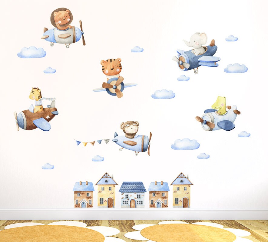 Airplanes with Animals Wall Decal, Airplanes and Cute Animals Wall Sticker for Kids Room, Watercolor Airplanes and Clouds with Animals Decal