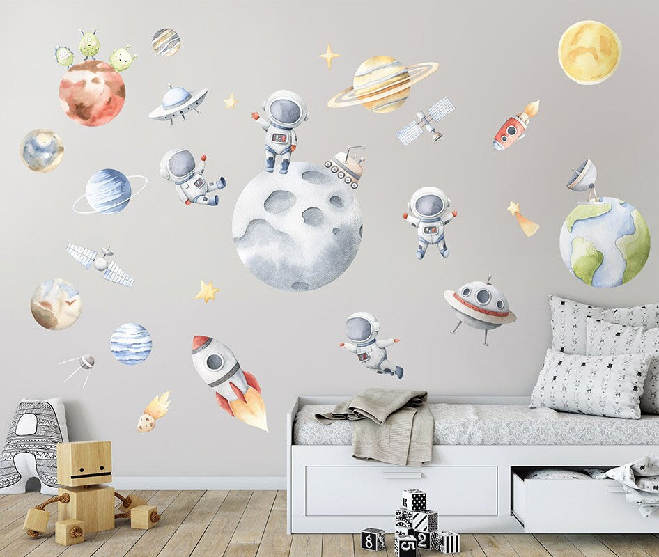 Space Wall Decal, Planets Wall Decal, Outer Space Wall Decal, Solar System Earth Moon Wall Decal, Rocket Spaceship Wall Decal for Kids Room
