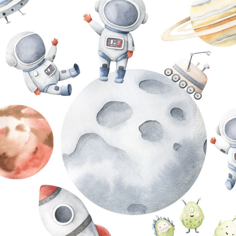 Space Wall Decal, Planets Wall Decal, Outer Space Wall Decal, Solar System Earth Moon Wall Decal, Rocket Spaceship Wall Decal for Kids Room