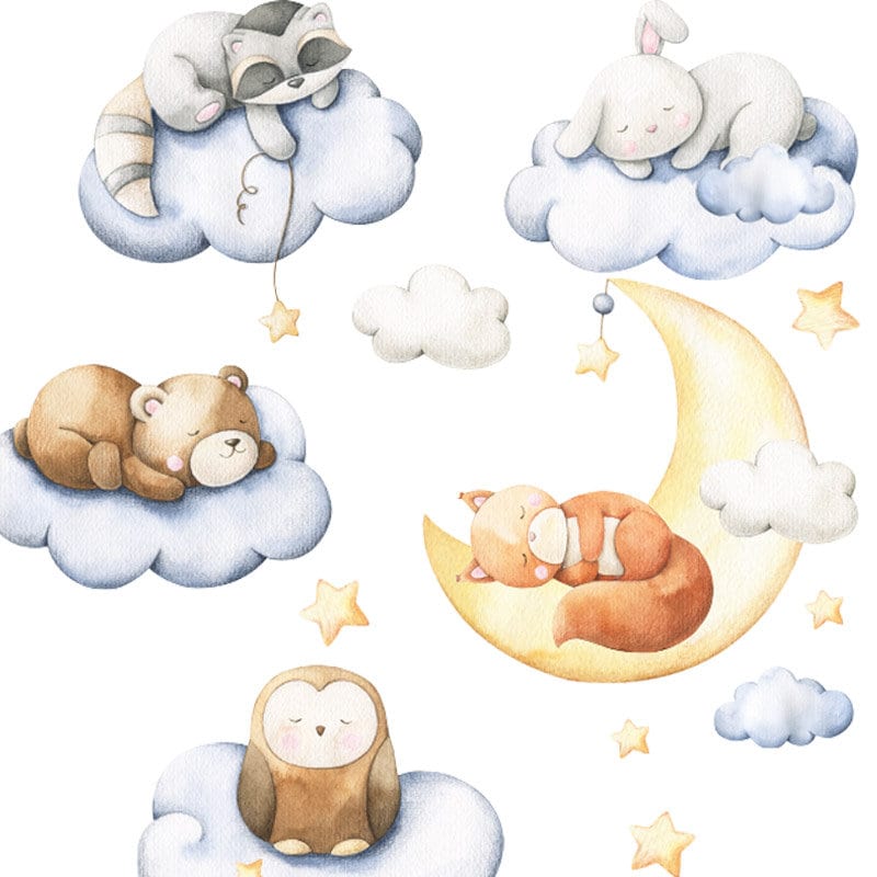 Cute Animals Wall Decal, Sleeping Animals Clouds Moon and Stars Wall Decal, Woodland Forest Animals Wall Decal Kids Nursery Baby Room Decor