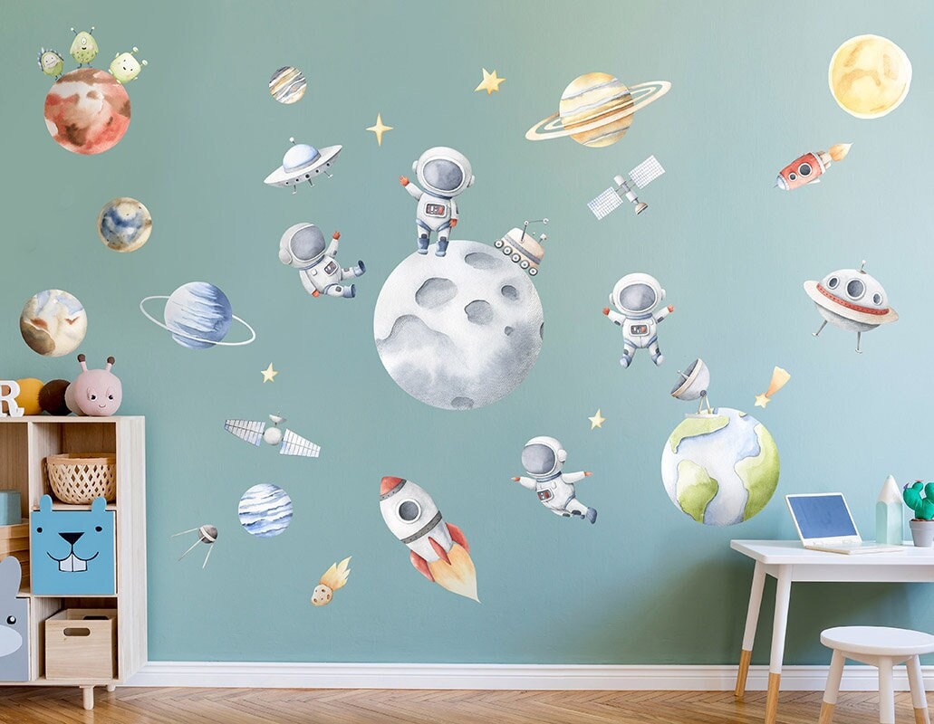Space Wall Decal, Planets Wall Decal, Outer Space Wall Decal, Solar System Earth Moon Wall Decal, Rocket Spaceship Wall Decal for Kids Room