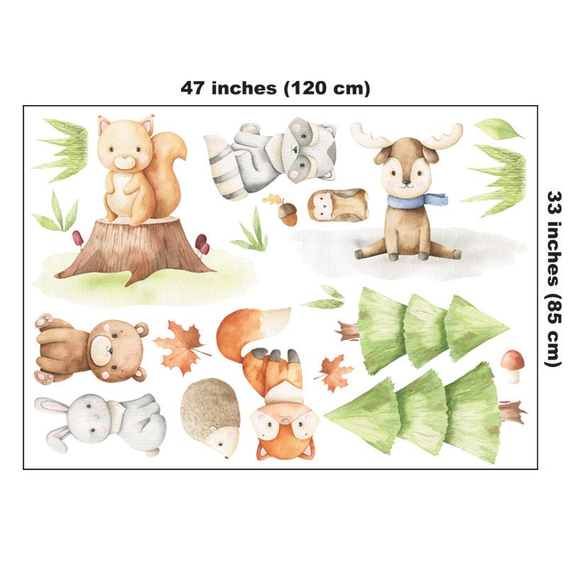 Woodland Animals Wall Decal, Forest Animals Wall Decal Sticker, Raccoon Owl Bunny Squirrel Wall Decal for Kids Nursery Baby Room Decor