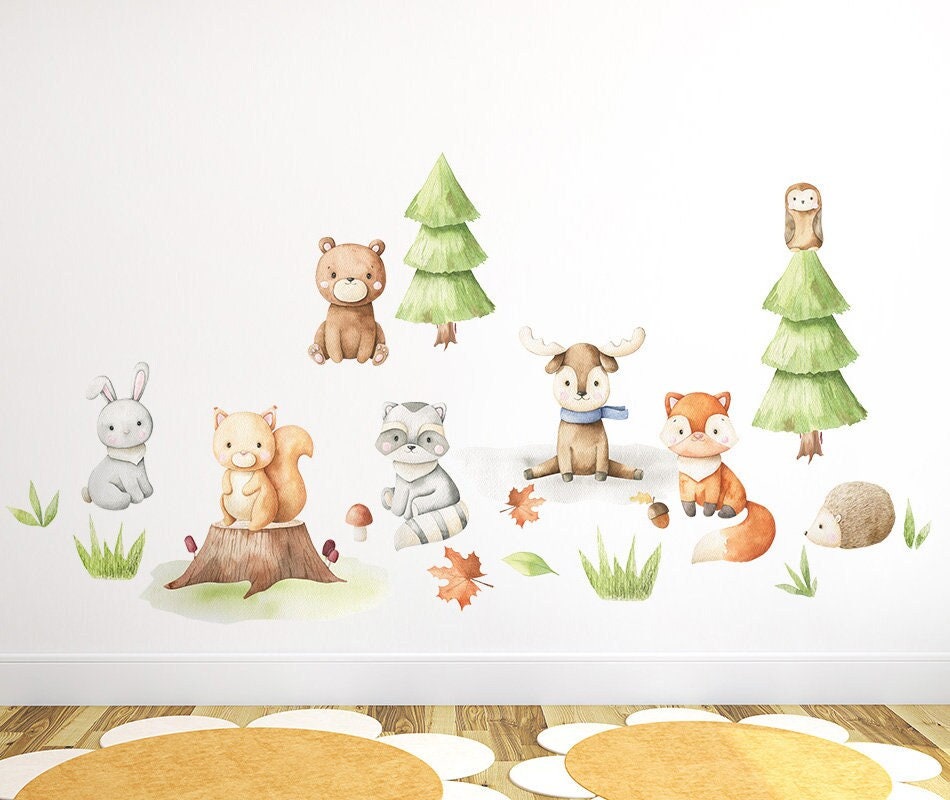 Woodland Animals Wall Decal, Forest Animals Wall Decal Sticker, Raccoon Owl Bunny Squirrel Wall Decal for Kids Nursery Baby Room Decor